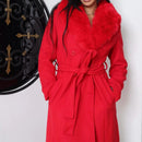 Sobretudo Feminino de Lã Batida com Faixa e Capuz Ajustável